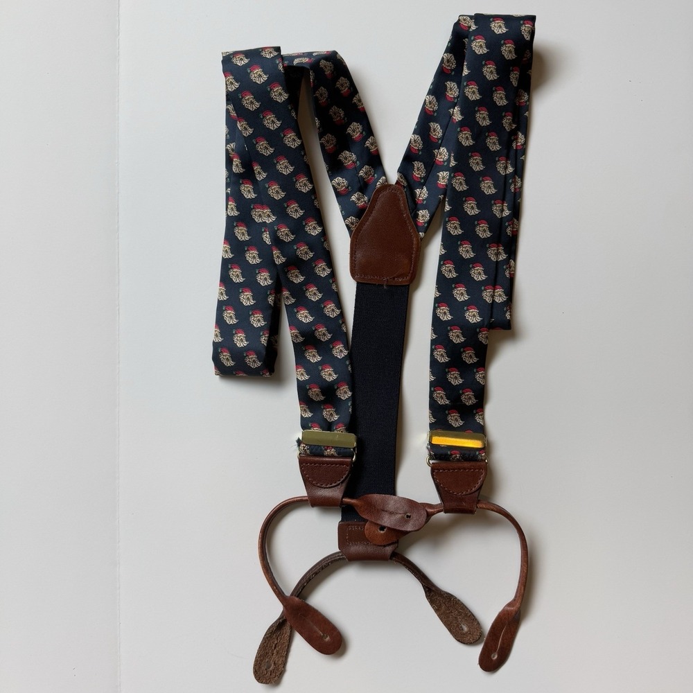 Vtg Santa Claus Christmas Blue Silk Suspenders/Braces Button Leather Tabs